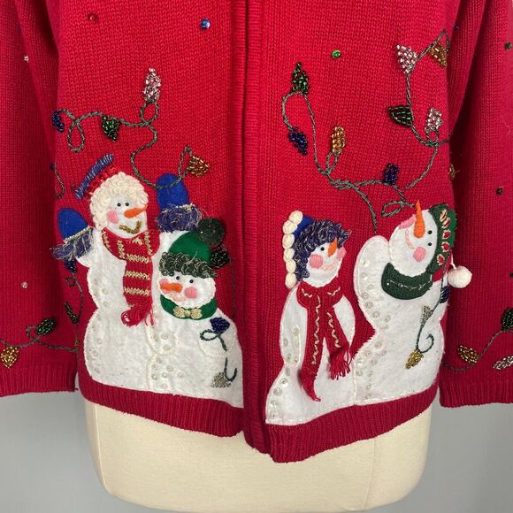 Ugly Christmas Sweater Size Large Red Zip Up Snowmen Winter Beaded Vintage Y2K - Picture 2 of 15